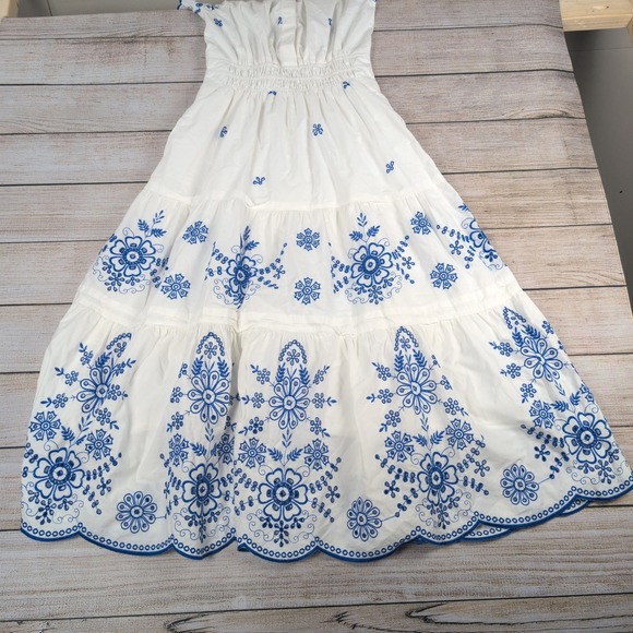 Joie White Blue Floral Embroidered Smocked Waist Maxi Dress Womens Small Boho - Picture 6 of 11
